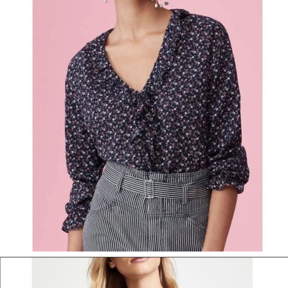 Rebecca Taylor Navy Ruffled 3/4 Sleeve Blouse